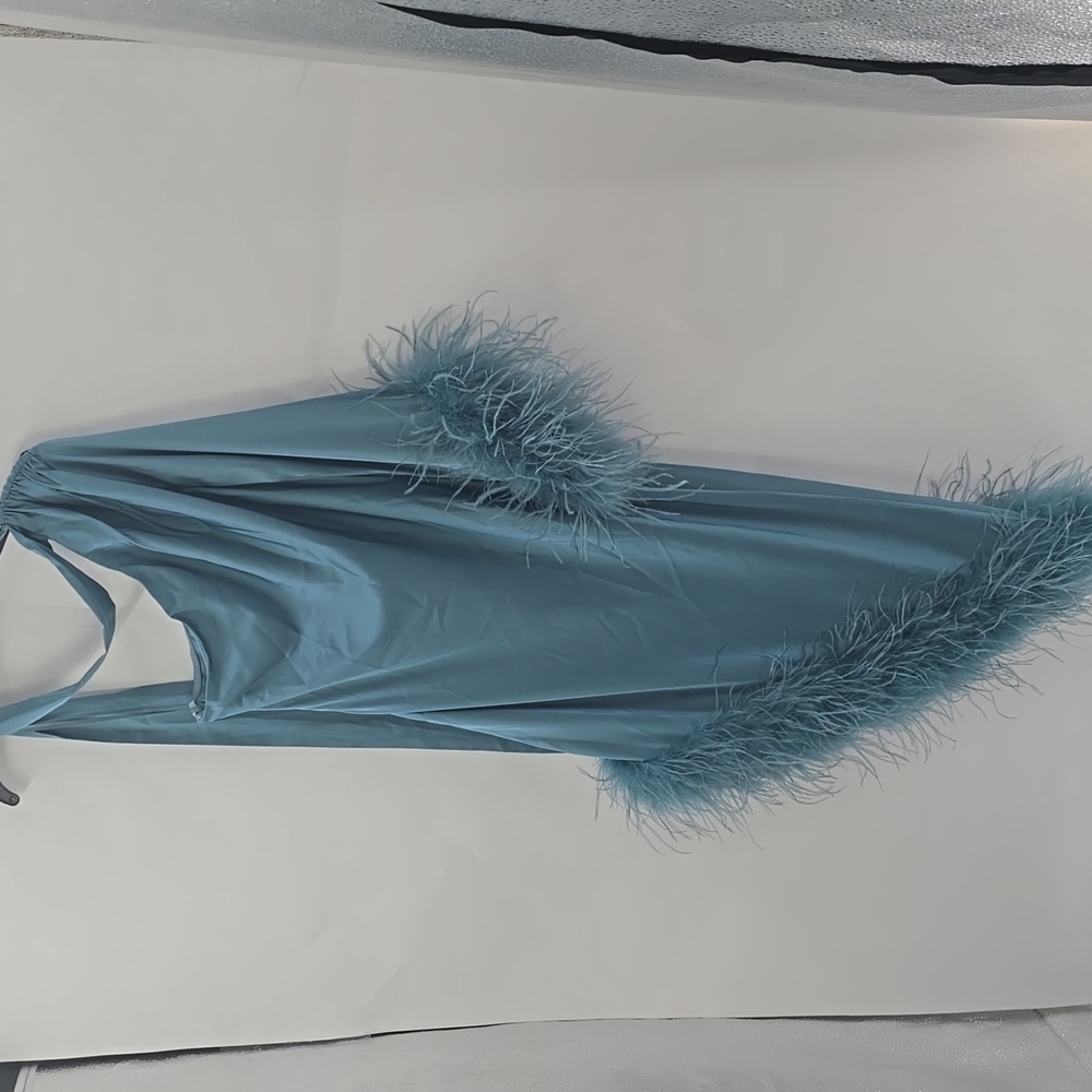 Hutch Asymmetrical Teal Dress with Feather Trim - Picture 8 of 11